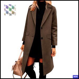 Knee Length Pea Coat Notched Lapel Loose Fit Classic Trench Outerwear